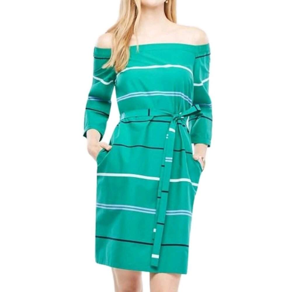 Ann Taylor Green Striped Off-Shoulder Cotton Blend Dress (0P)